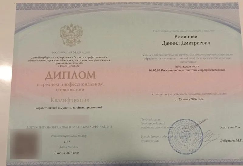 Диплом о среднем профессиональном образовании: Разработчик веб и мультимедийных приложений