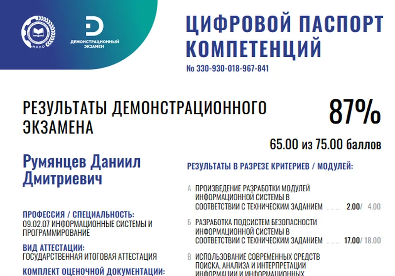 Цифровой паспорт компетенций: Демонстрационный экзамен: 87%